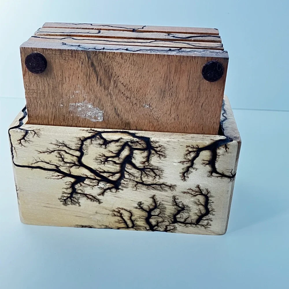 Handmade Coaster Set Lichtenberg Fractal Wood  Burning 4in Brown Lightning Art